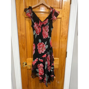 Vintage Robbie Bee 100% Silk Black Romantic Floral Ruffle Hem Dress 12P